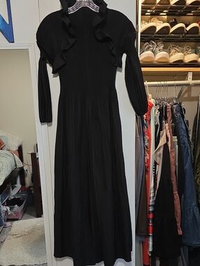 Black Ruffle-Trim Maxi Dress with Long Sleeves One Size Fits All